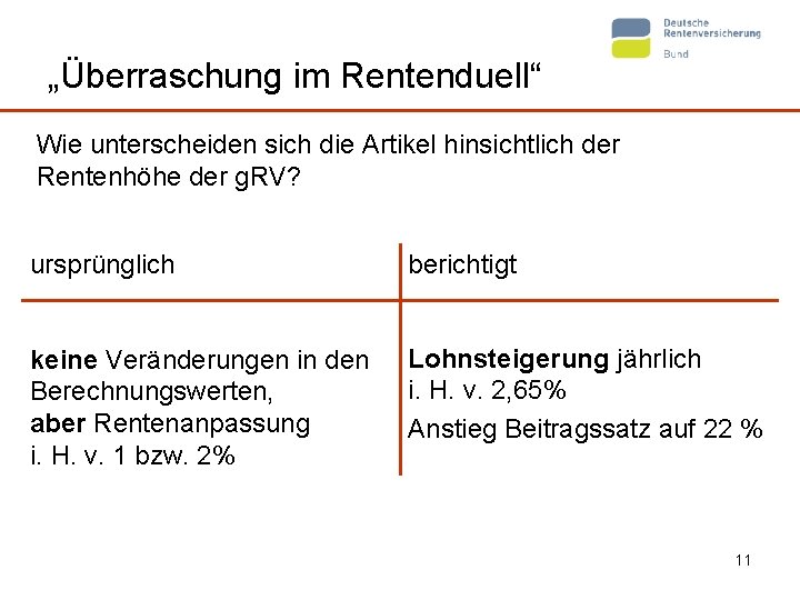 „Überraschung im Rentenduell“ Wie unterscheiden sich die Artikel hinsichtlich der Rentenhöhe der g. RV?