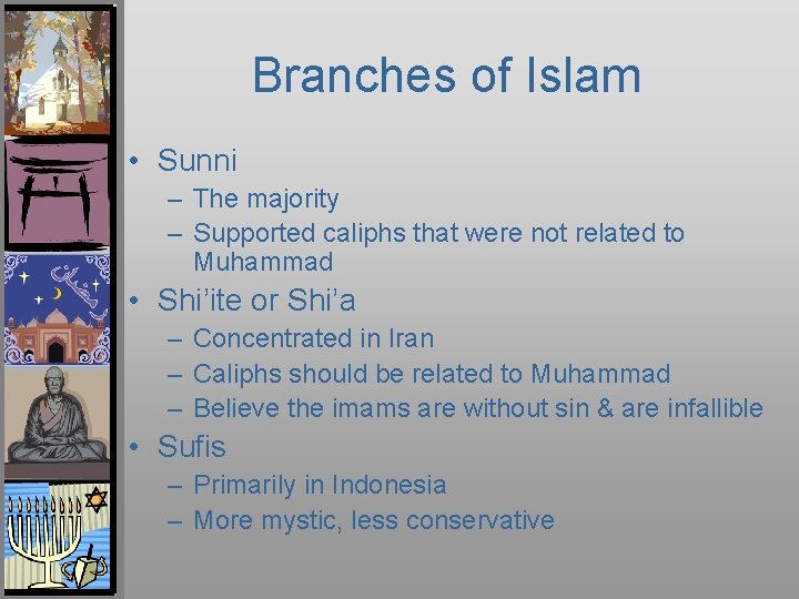 Branches of Islam • Sunni – The majority – Supported caliphs that were not
