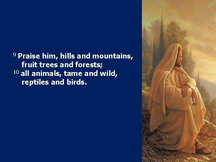 9 Praise him, hills and mountains, fruit trees and forests; 10 all animals, tame