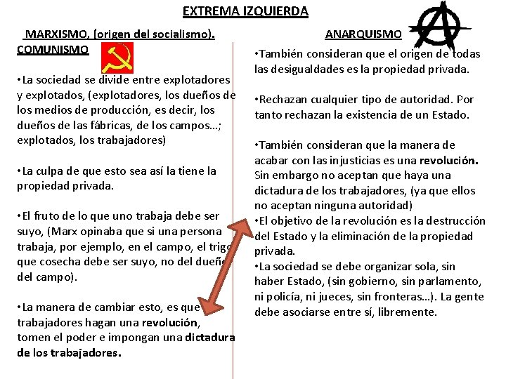 EXTREMA IZQUIERDA MARXISMO, (origen del socialismo). COMUNISMO • La sociedad se divide entre explotadores