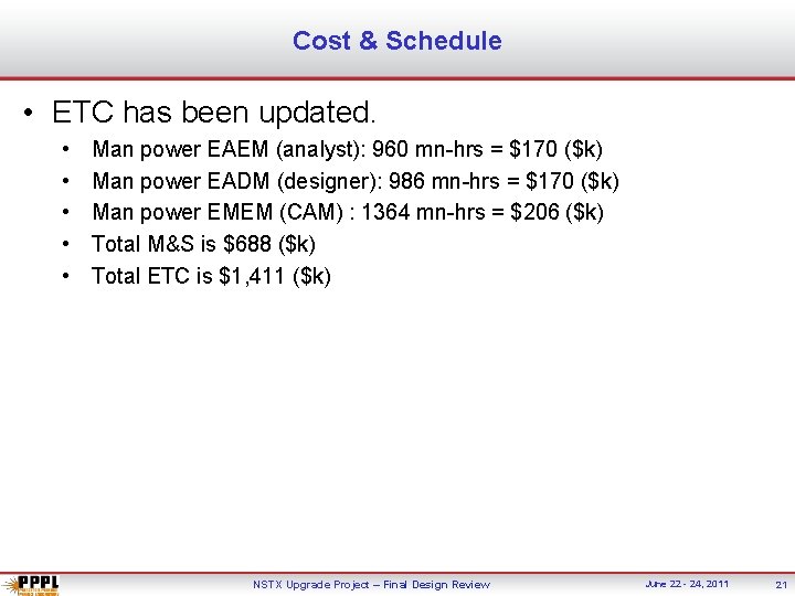 Cost & Schedule • ETC has been updated. • • • Man power EAEM