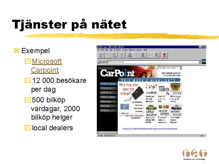 Tjänster på nätet z Exempel y. Microsoft Carpoint y 12 000 besökare per dag