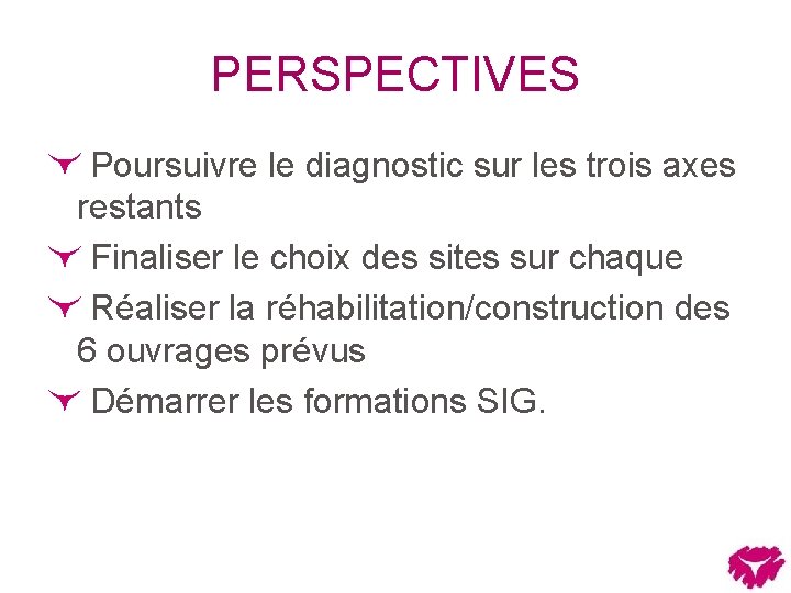 PERSPECTIVES Poursuivre le diagnostic sur les trois axes restants Finaliser le choix des sites