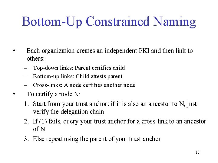 Bottom-Up Constrained Naming • Each organization creates an independent PKI and then link to