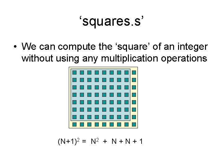 ‘squares. s’ • We can compute the ‘square’ of an integer without using any