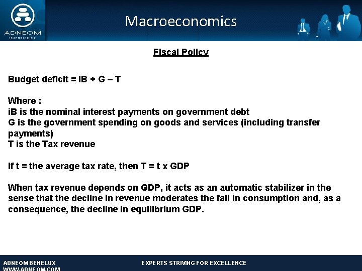 Macroeconomics Fiscal Policy Budget deficit = i. B + G – T Where :