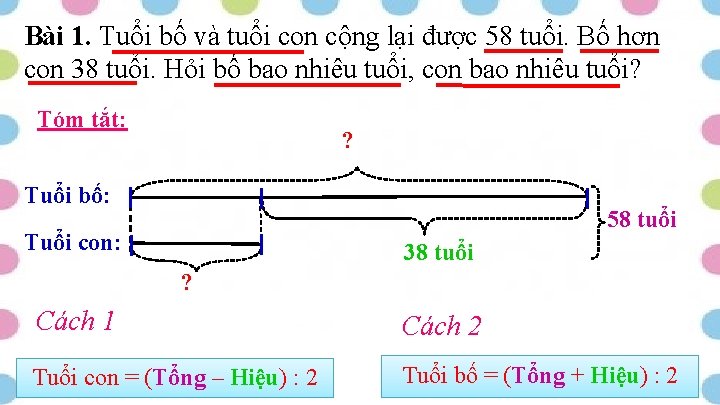 Bài 1. Tuổi bố và tuổi con cộng lại được 58 tuổi. Bố hơn