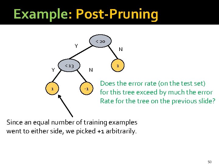 Example: Post-Pruning < 20 Y Y 1 N < 13 N -1 1 Does Example: Post-Pruning < 20 Y Y 1 N < 13 N -1 1 Does