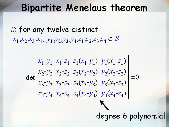 Bipartite Menelaus theorem S: for any twelve distinct x 1, x 2, x 3,
