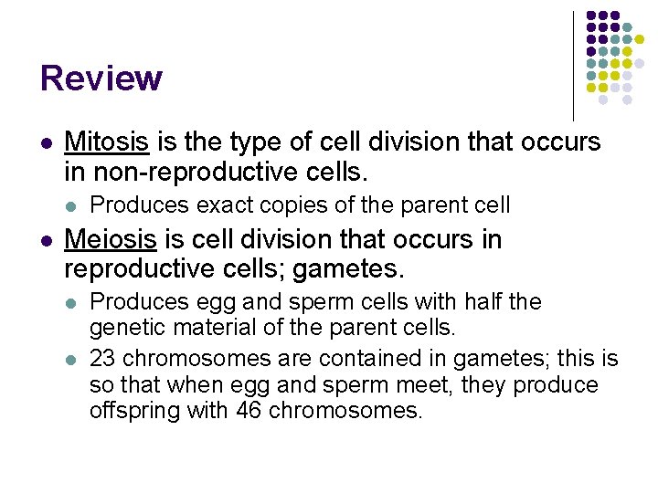 Review l Mitosis is the type of cell division that occurs in non-reproductive cells.