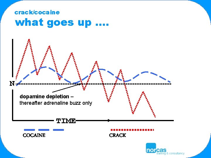 crack/cocaine what goes up …. N dopamine depletion – thereafter adrenaline buzz only TIME