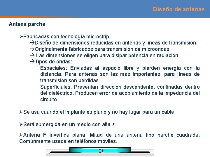 Diseño de antenas Antena parche ØFabricadas con tecnología microstrip. Diseño de dimensiones reducidas en