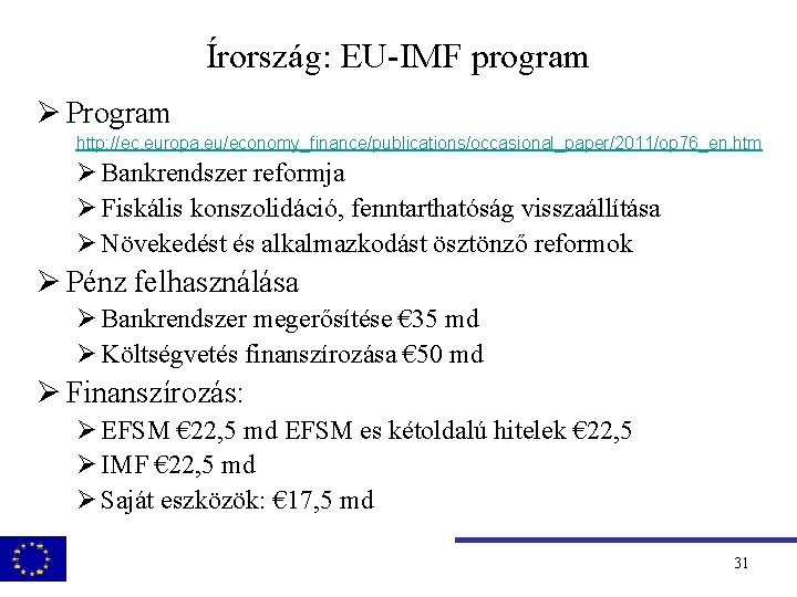 Írország: EU-IMF program Ø Program http: //ec. europa. eu/economy_finance/publications/occasional_paper/2011/op 76_en. htm Ø Bankrendszer reformja