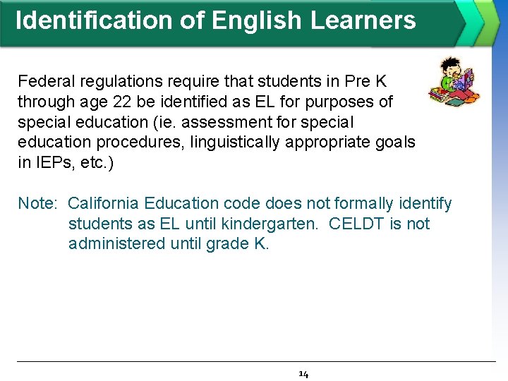 Identification of English Learners Federal regulations require that students in Pre K through age