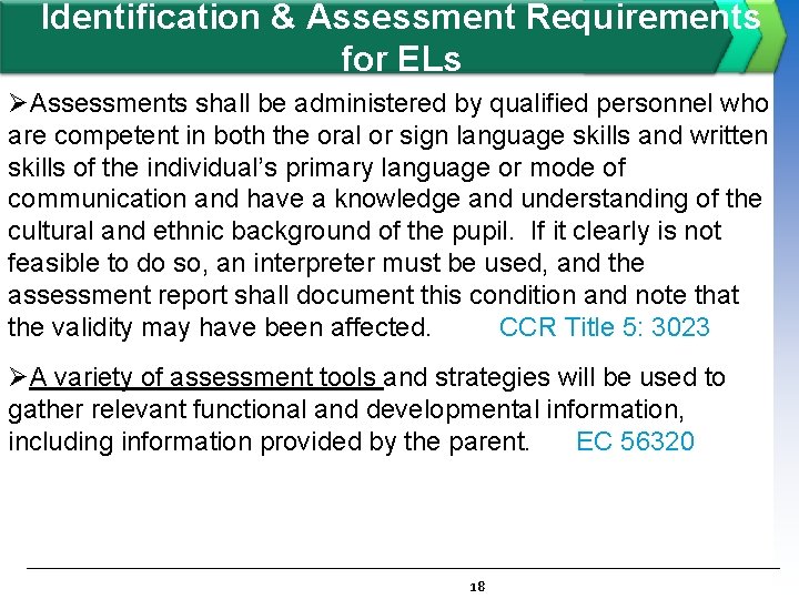 Identification & Assessment Requirements for ELs ØAssessments shall be administered by qualified personnel who
