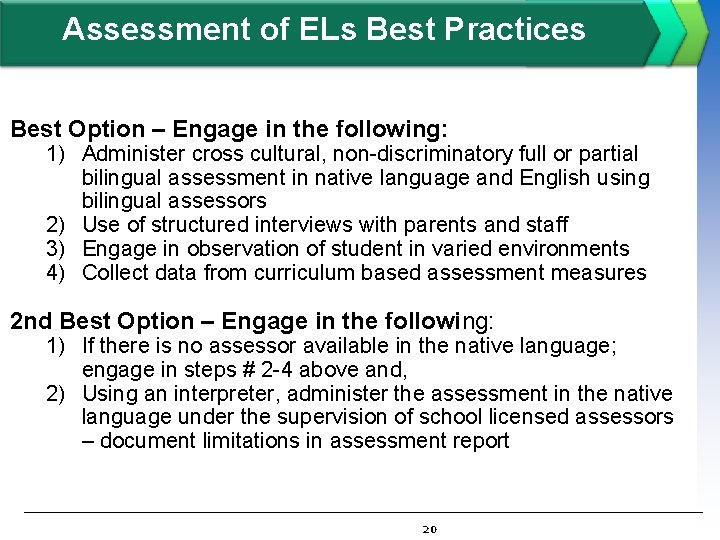 Assessment of ELs Best Practices Best Option – Engage in the following: 1) Administer