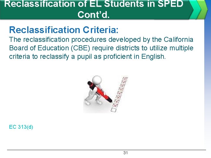 Reclassification of EL Students in SPED Cont’d. Reclassification Criteria: The reclassification procedures developed by