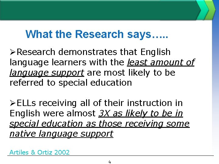 What the Research says…. . ØResearch demonstrates that English language learners with the least
