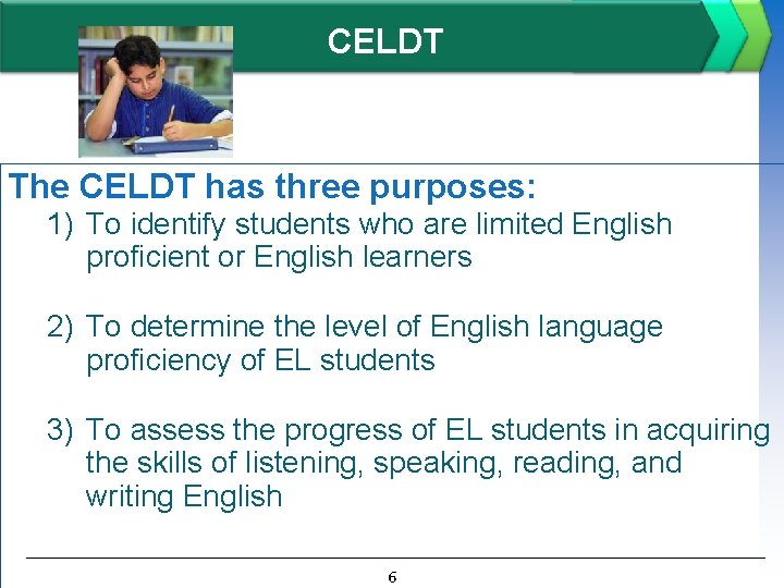 CELDT The CELDT has three purposes: 1) To identify students who are limited English