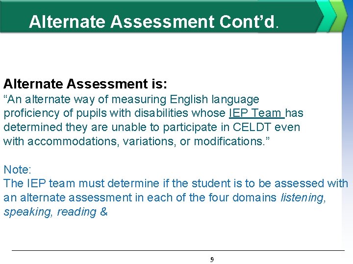 Alternate Assessment Cont’d. Alternate Assessment is: “An alternate way of measuring English language proficiency