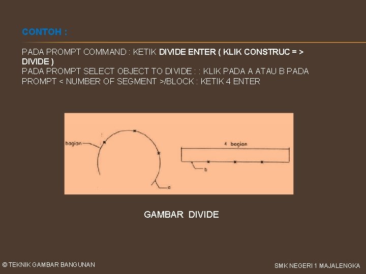 CONTOH : PADA PROMPT COMMAND : KETIK DIVIDE ENTER ( KLIK CONSTRUC = >