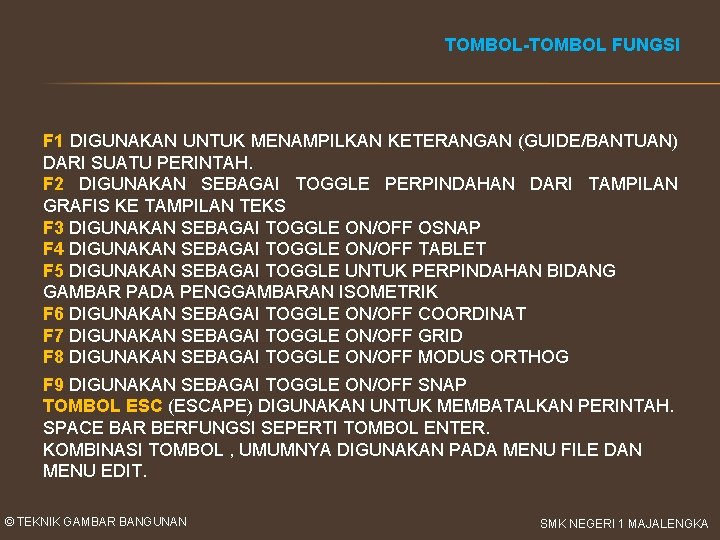 TOMBOL-TOMBOL FUNGSI F 1 DIGUNAKAN UNTUK MENAMPILKAN KETERANGAN (GUIDE/BANTUAN) DARI SUATU PERINTAH. F 2