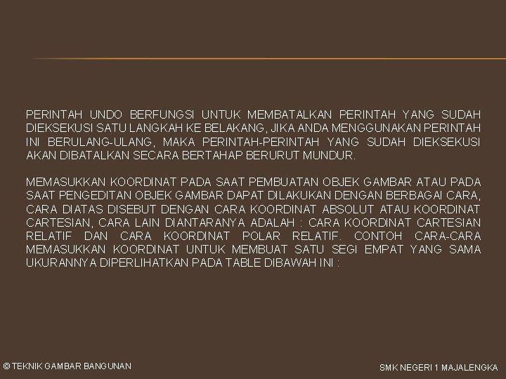 PERINTAH UNDO BERFUNGSI UNTUK MEMBATALKAN PERINTAH YANG SUDAH DIEKSEKUSI SATU LANGKAH KE BELAKANG, JIKA