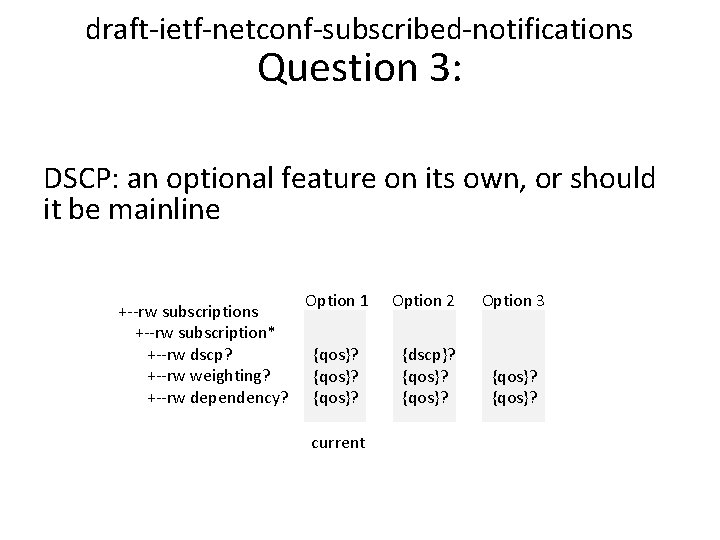 draft-ietf-netconf-subscribed-notifications Question 3: DSCP: an optional feature on its own, or should it be