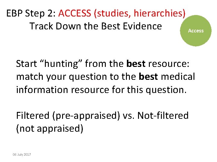 EBP Step 2: ACCESS (studies, hierarchies) Track Down the Best Evidence Access Start “hunting”
