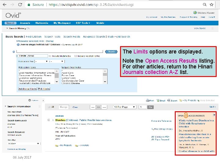 The Limits options are displayed. Note the Open Access Results listing. For other articles,