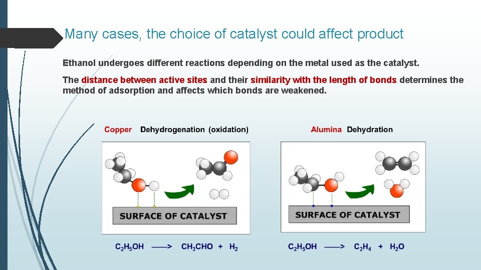 Many cases, the choice of catalyst could affect product Ethanol undergoes different reactions depending