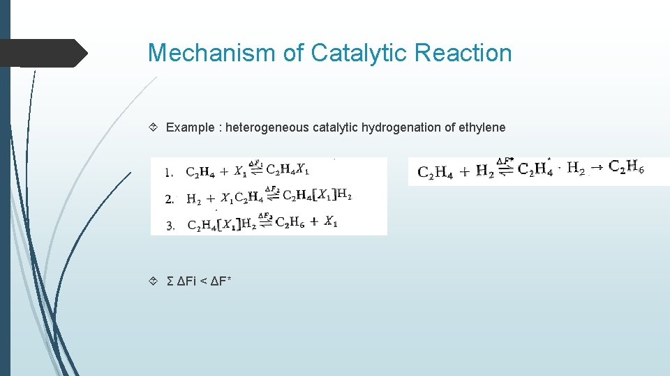 Mechanism of Catalytic Reaction Example : heterogeneous catalytic hydrogenation of ethylene Σ ΔFi <