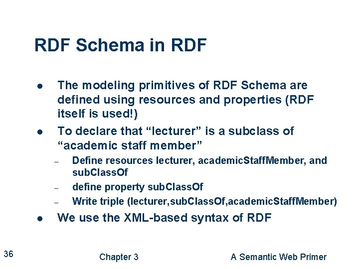 RDF Schema in RDF l l The modeling primitives of RDF Schema are defined