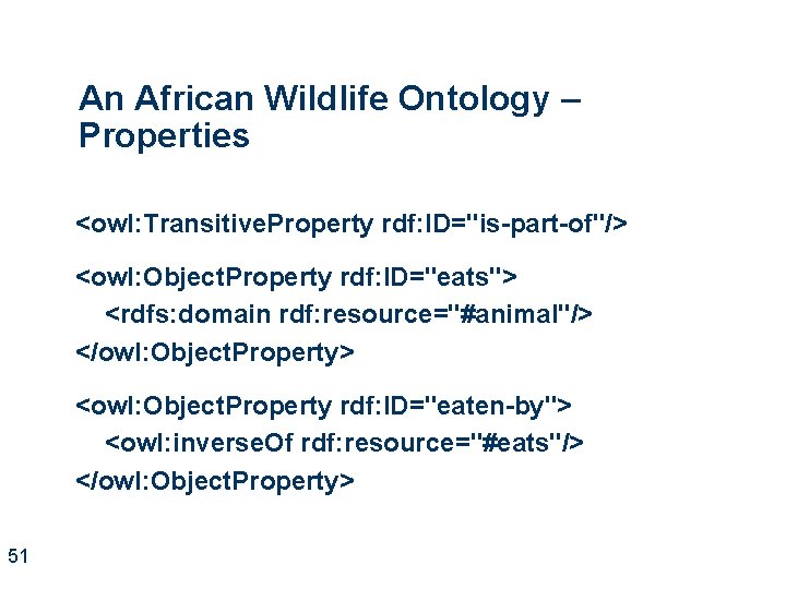 An African Wildlife Ontology – Properties <owl: Transitive. Property rdf: ID="is-part-of"/> <owl: Object. Property