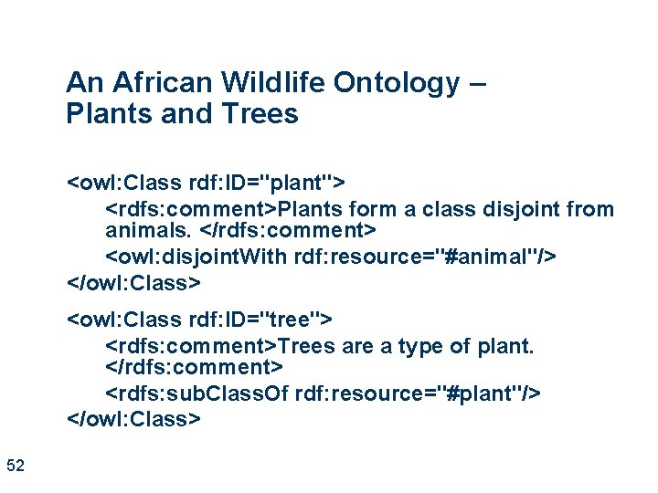 An African Wildlife Ontology – Plants and Trees <owl: Class rdf: ID="plant"> <rdfs: comment>Plants