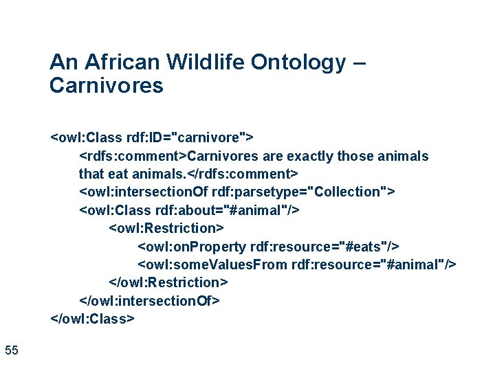 An African Wildlife Ontology – Carnivores <owl: Class rdf: ID="carnivore"> <rdfs: comment>Carnivores are exactly