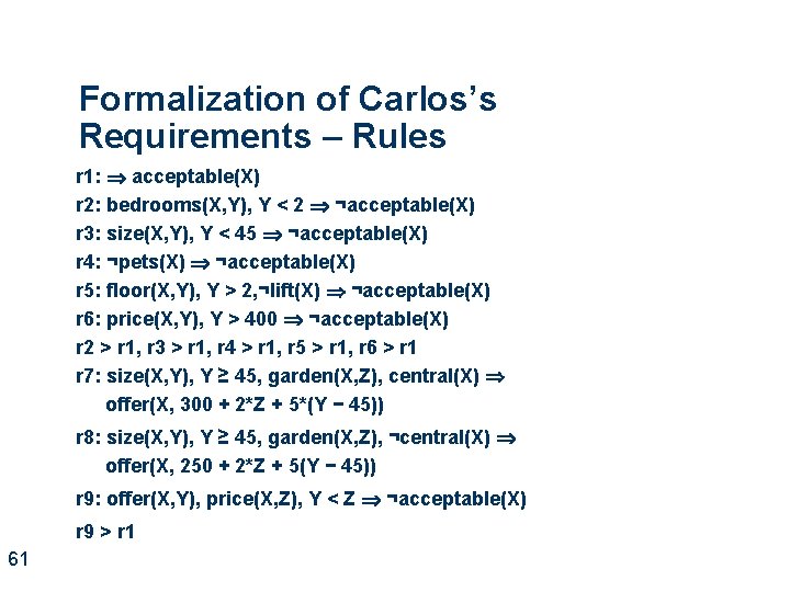 Formalization of Carlos’s Requirements – Rules r 1: acceptable(X) r 2: bedrooms(X, Y), Y