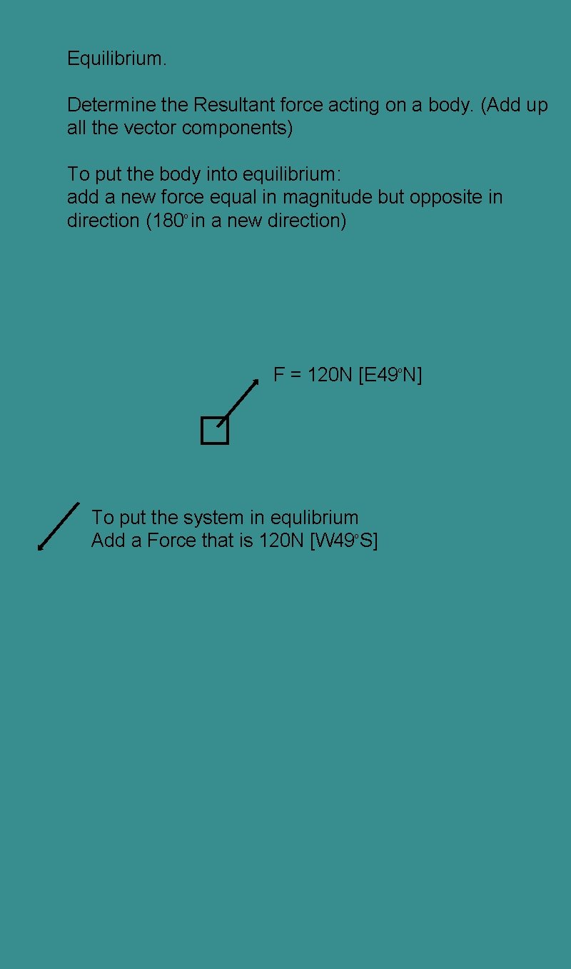 Equilibrium. Determine the Resultant force acting on a body. (Add up all the vector