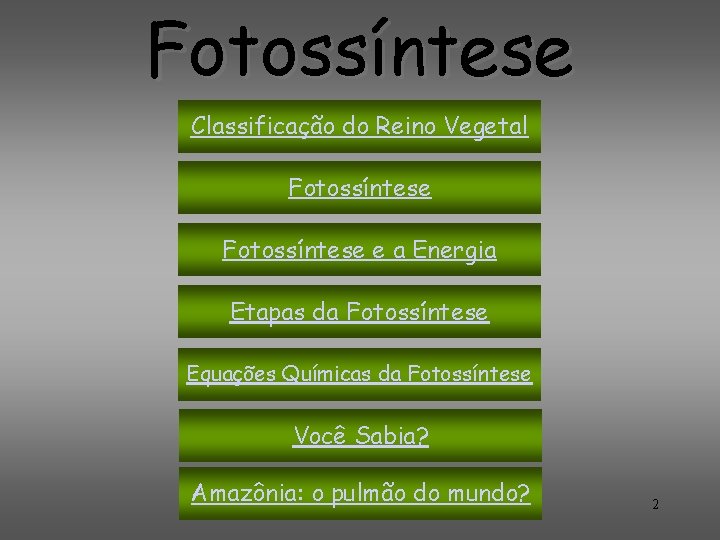 Fotossíntese Classificação do Reino Vegetal Fotossíntese e a Energia Etapas da Fotossíntese Equações Químicas