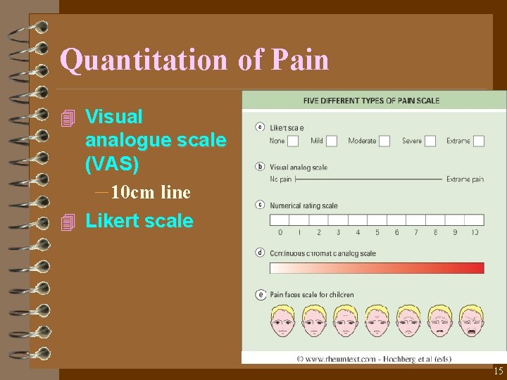 Quantitation of Pain 4 Visual analogue scale (VAS) – 10 cm line 4 Likert