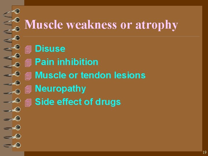Muscle weakness or atrophy 4 Disuse 4 Pain inhibition 4 Muscle or tendon lesions