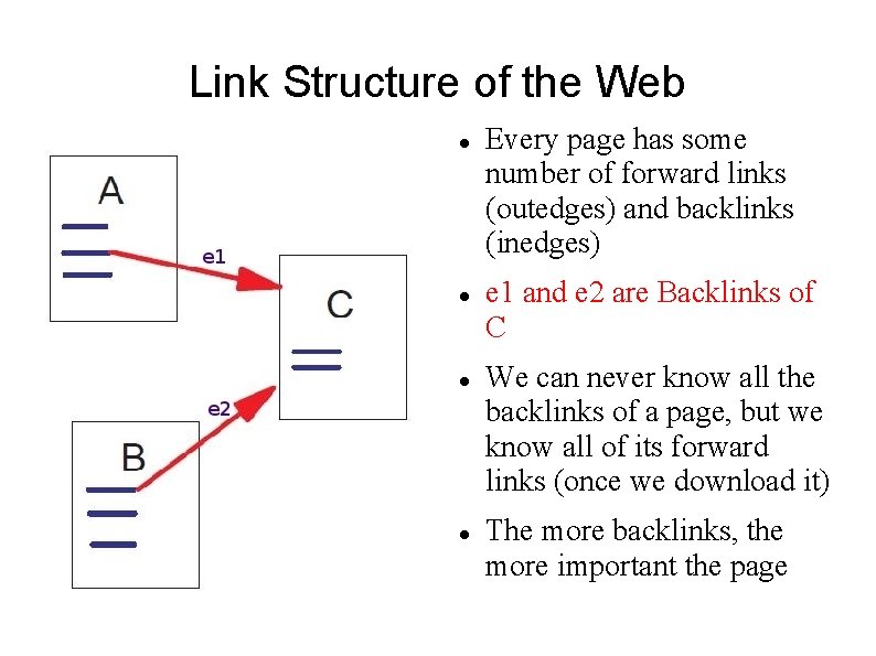 Link Structure of the Web Every page has some number of forward links (outedges)