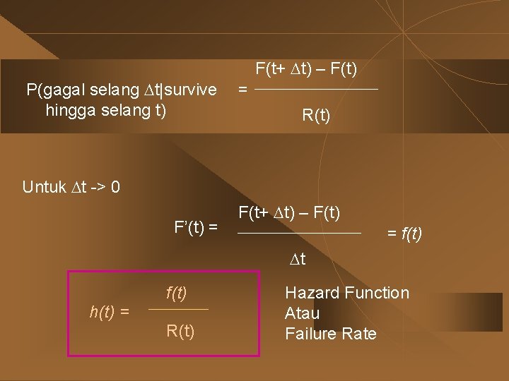 F(t+ t) – F(t) P(gagal selang t|survive hingga selang t) = R(t) Untuk t