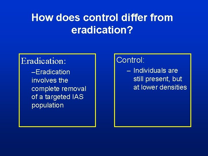 How does control differ from eradication? Eradication: –Eradication involves the complete removal of a How does control differ from eradication? Eradication: –Eradication involves the complete removal of a
