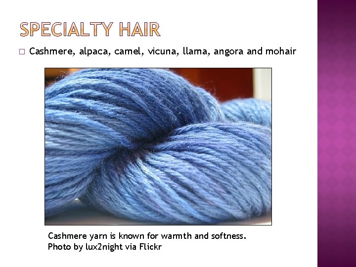 � Cashmere, alpaca, camel, vicuna, llama, angora and mohair Cashmere yarn is known for