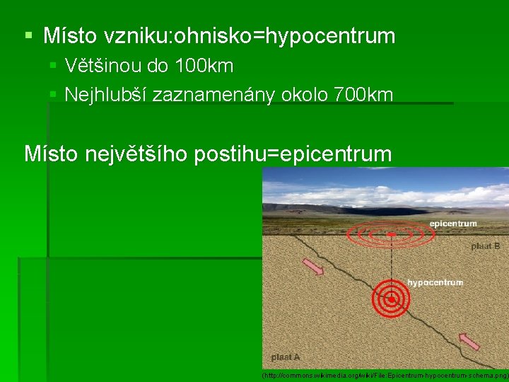 § Místo vzniku: ohnisko=hypocentrum § Většinou do 100 km § Nejhlubší zaznamenány okolo 700