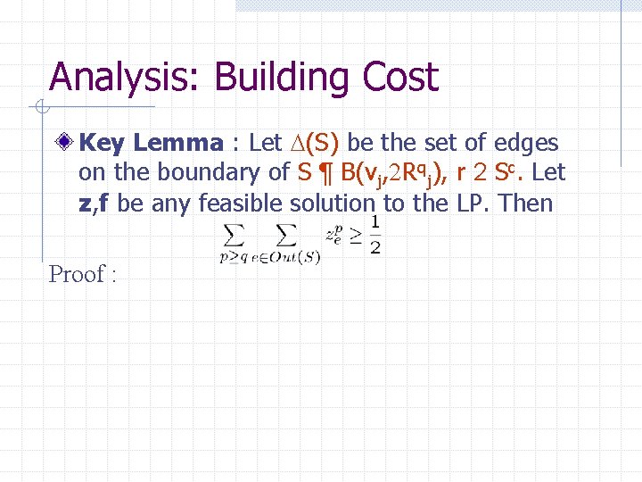 Analysis: Building Cost Key Lemma : Let D(S) be the set of edges on