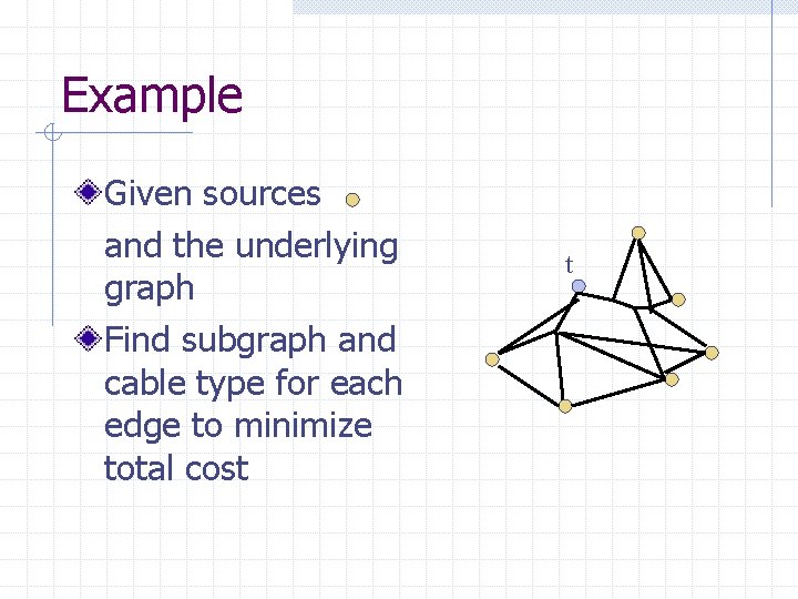 Example Given sources and the underlying graph Find subgraph and cable type for each