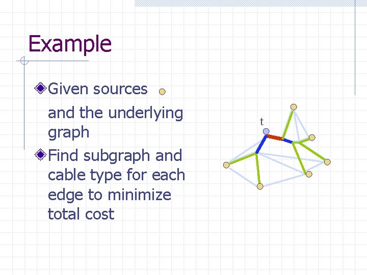 Example Given sources and the underlying graph Find subgraph and cable type for each