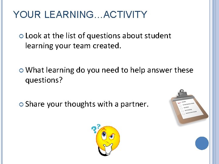 YOUR LEARNING…ACTIVITY Look at the list of questions about student learning your team created.